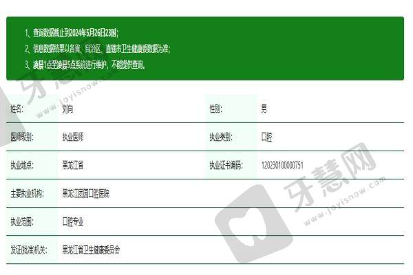 哈尔滨团圆口腔医院刘向医生资质认证