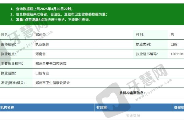 郑州白皮书口腔医院郑创益医生资质认证