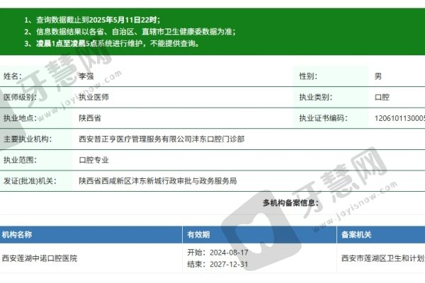 西安莲湖中诺口腔医院李强医生资质认证