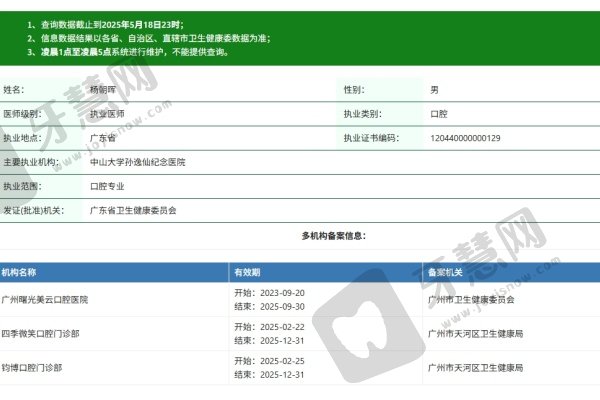 广州曙光美云口腔医院杨朝晖医生资质认证